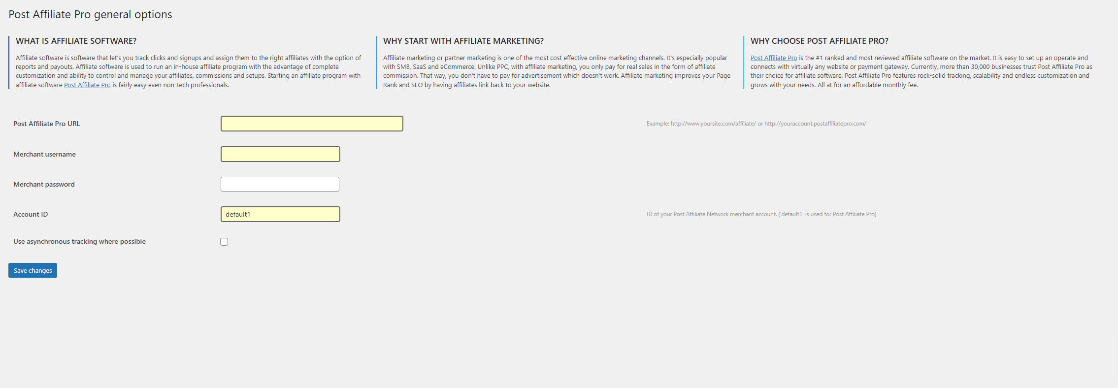 General options screen
