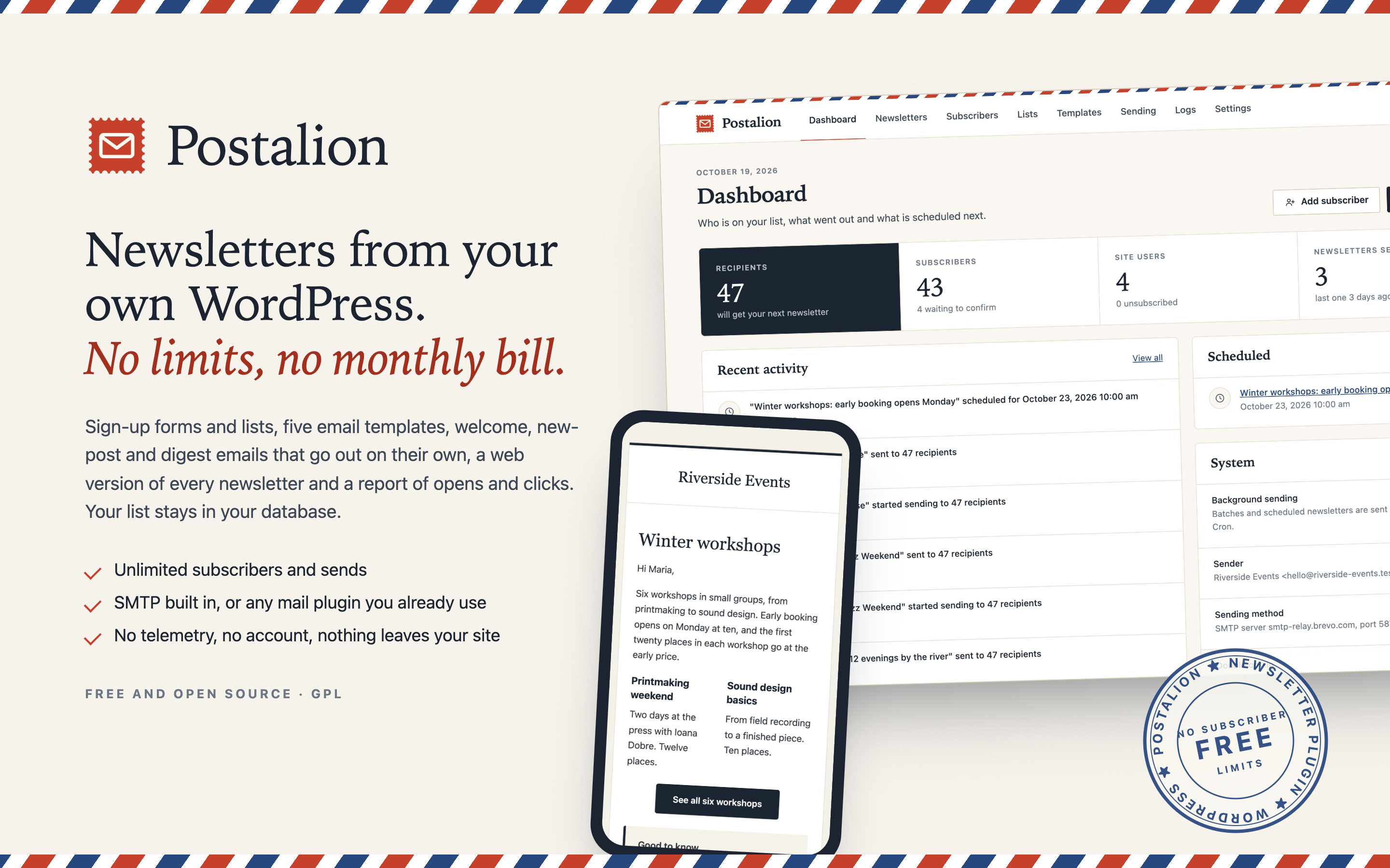 Postalion in one picture: the dashboard and an email on a phone.