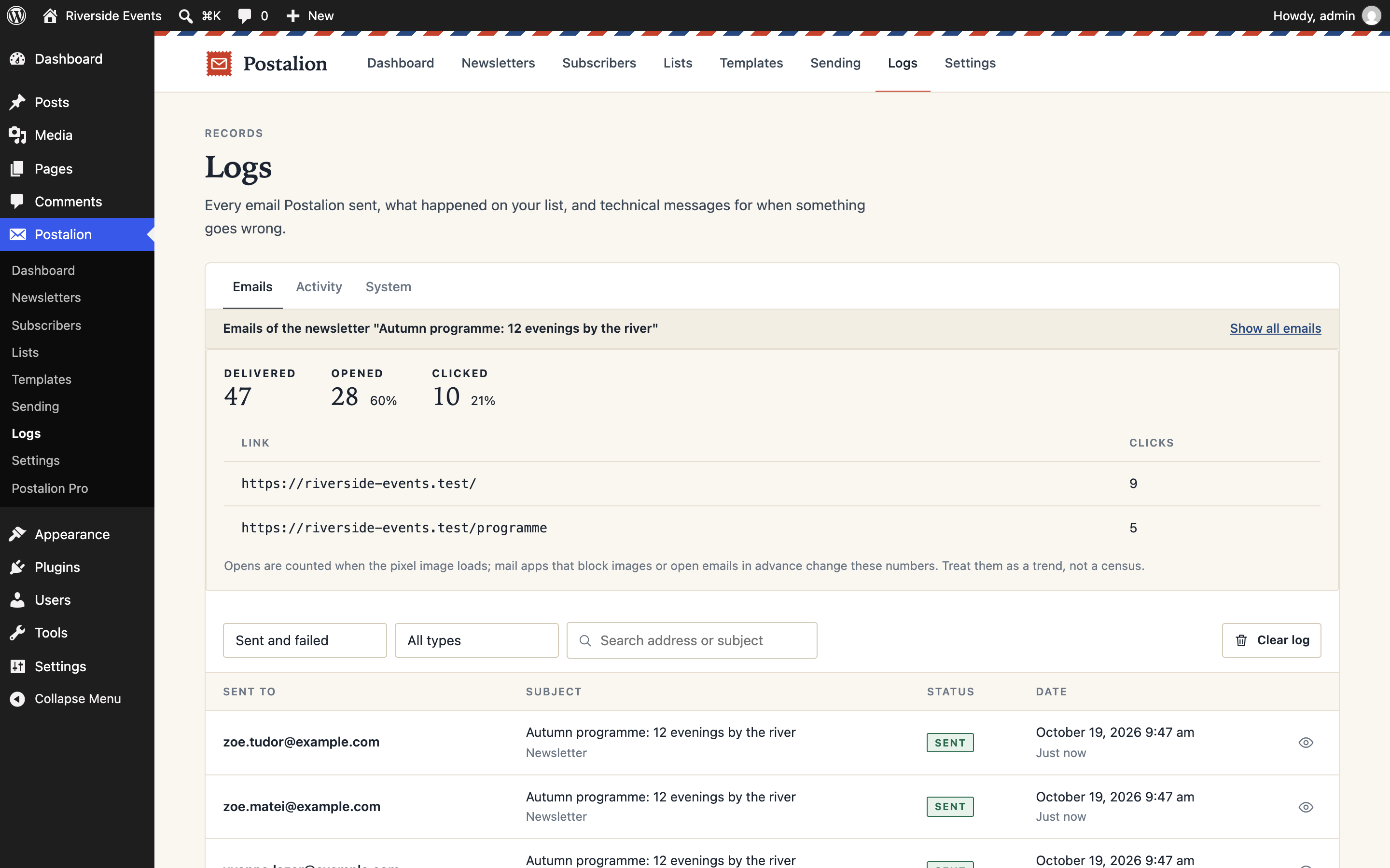 The report of a newsletter: opens, clicks and the links that were clicked.