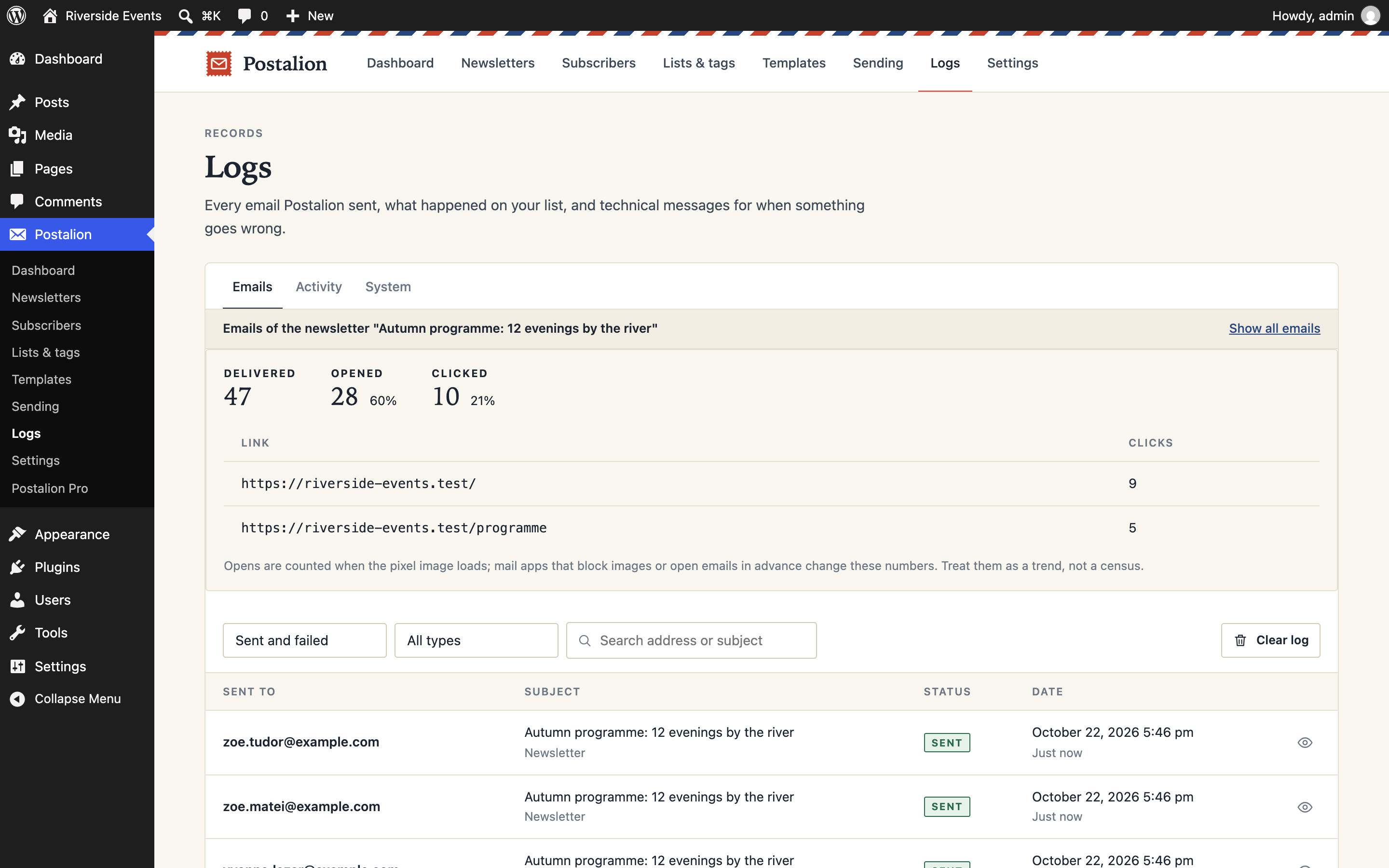 The report of a newsletter: opens, clicks and the links that were clicked.