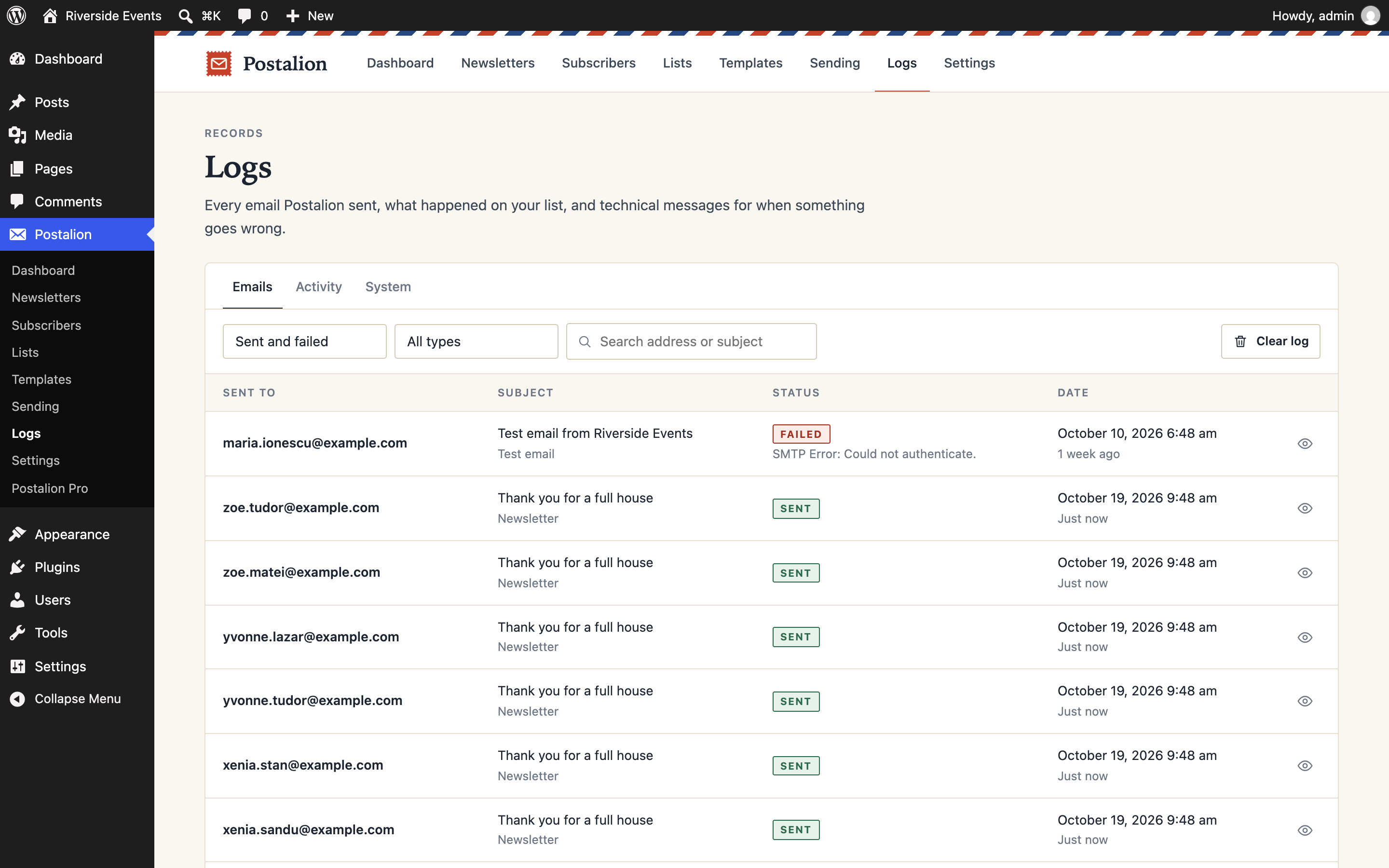 The email log, with a preview of every email.
