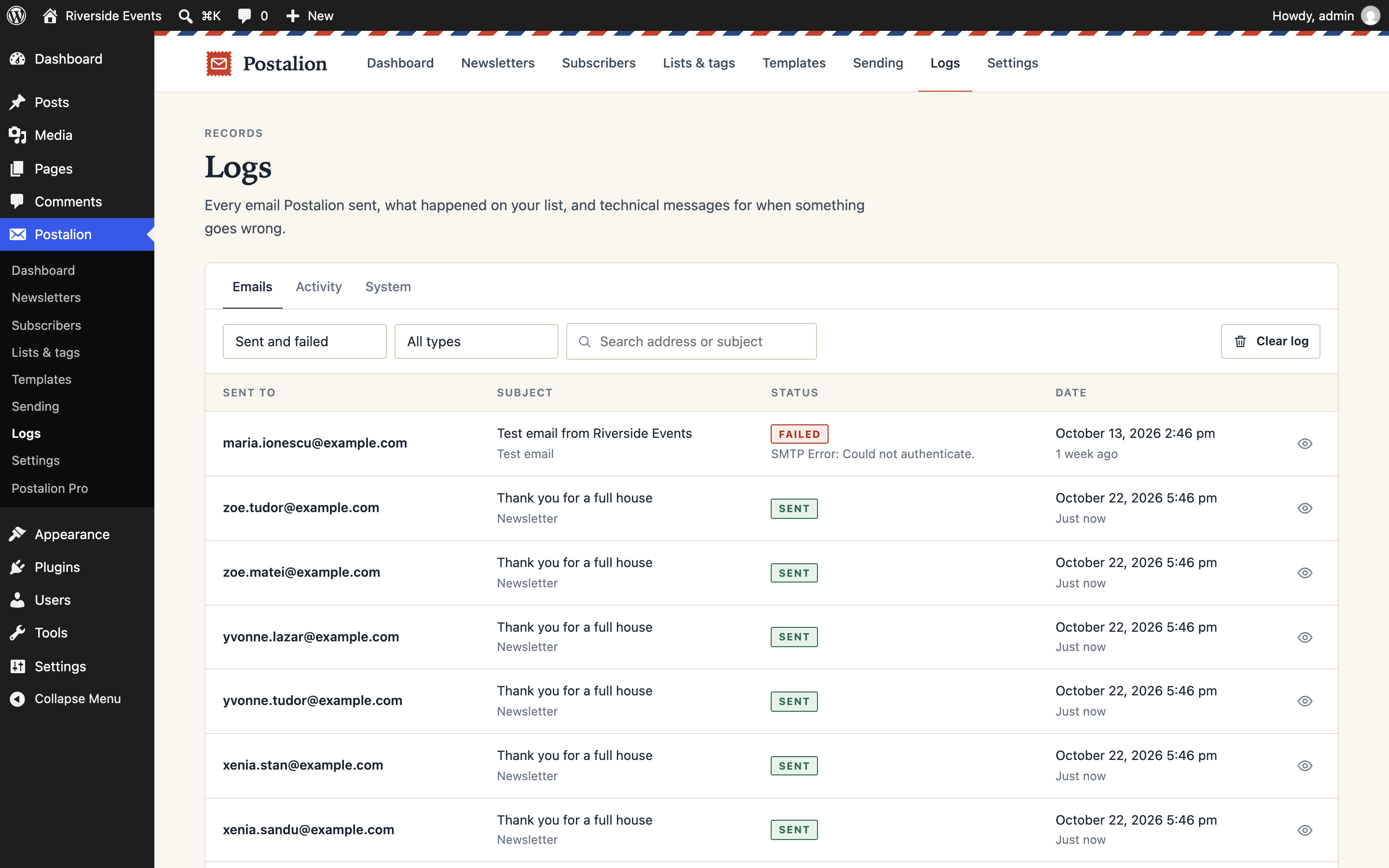 The email log, with a preview of every email.