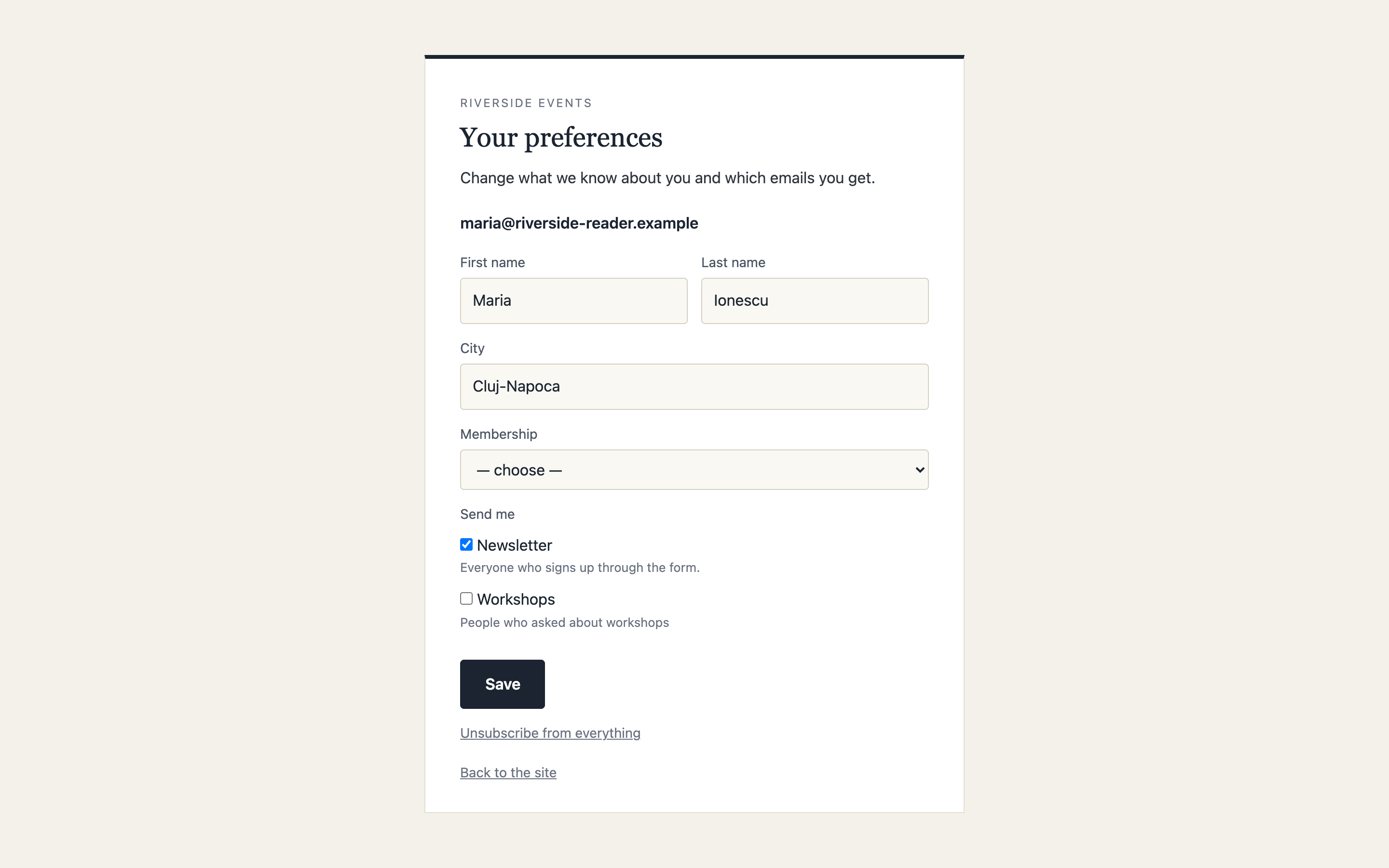 The preferences page a reader opens from any email: name, details and lists, or unsubscribe from everything.