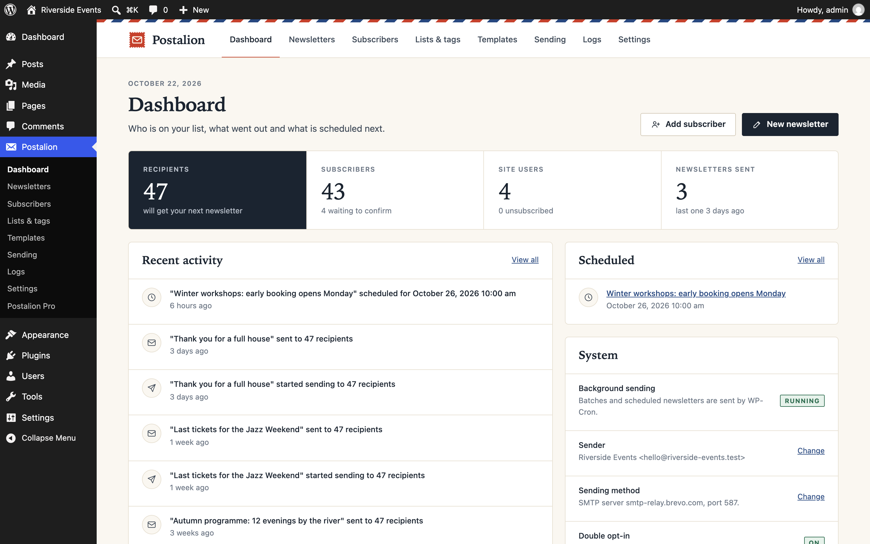 The dashboard: who is on the list, what went out, what is scheduled, and the first steps.