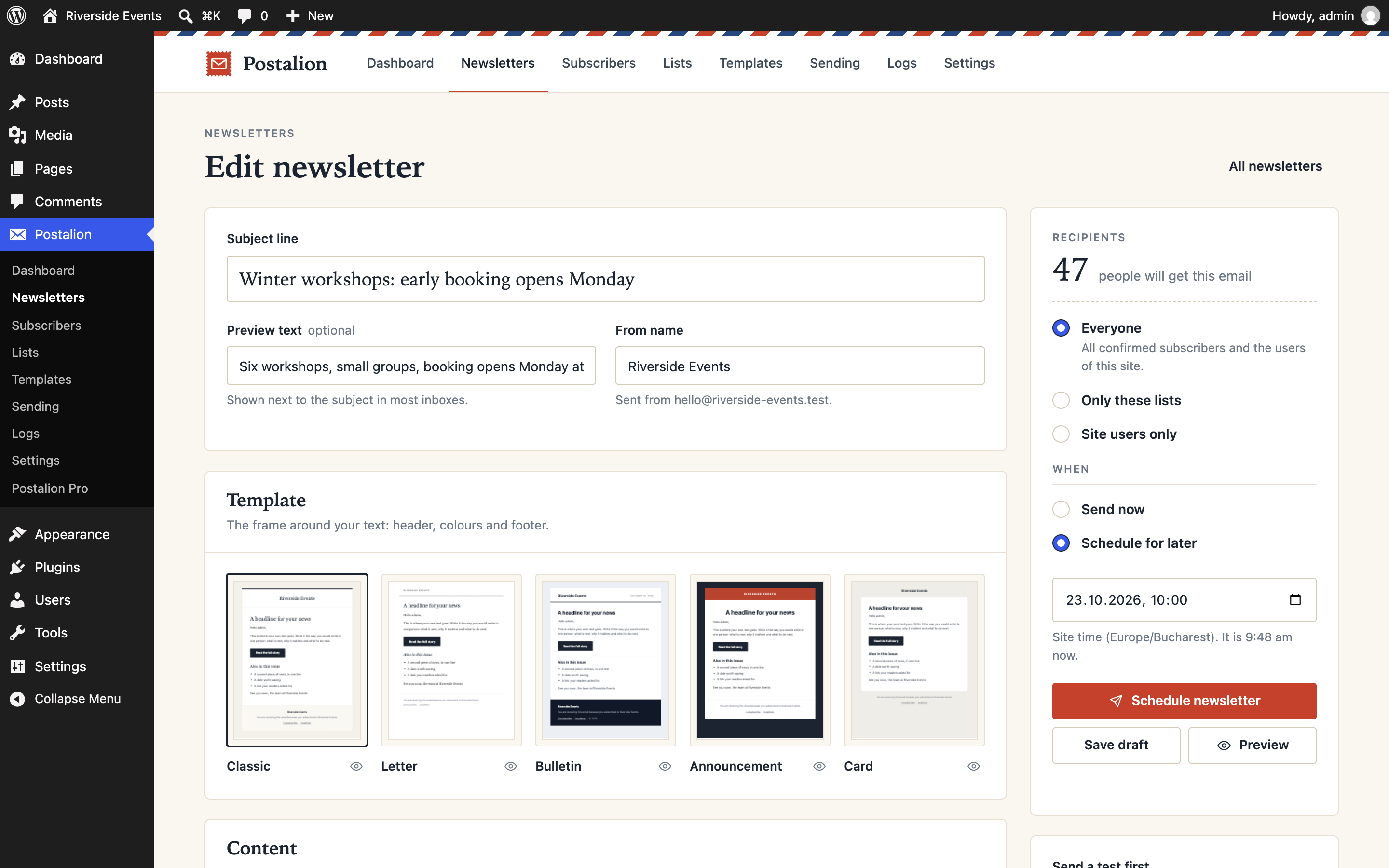 The composer: subject, template, audience, and the send and schedule controls.