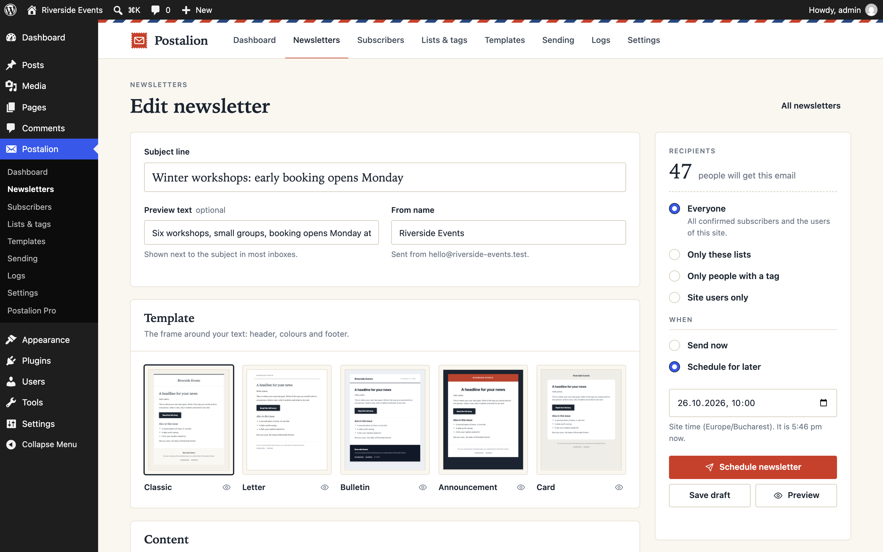 The composer: subject, template, audience, and the send and schedule controls.
