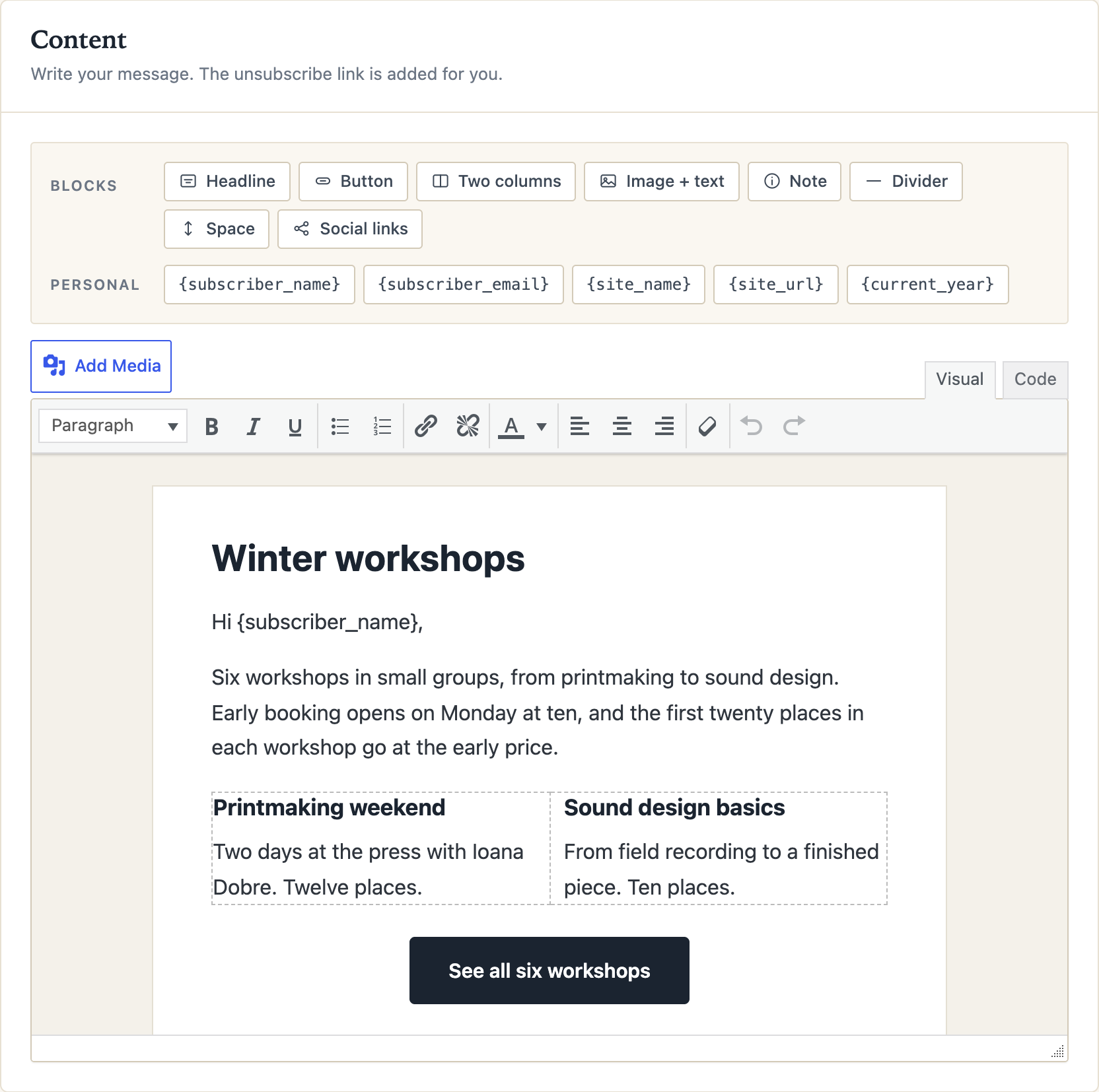 The editor with content blocks made for email.