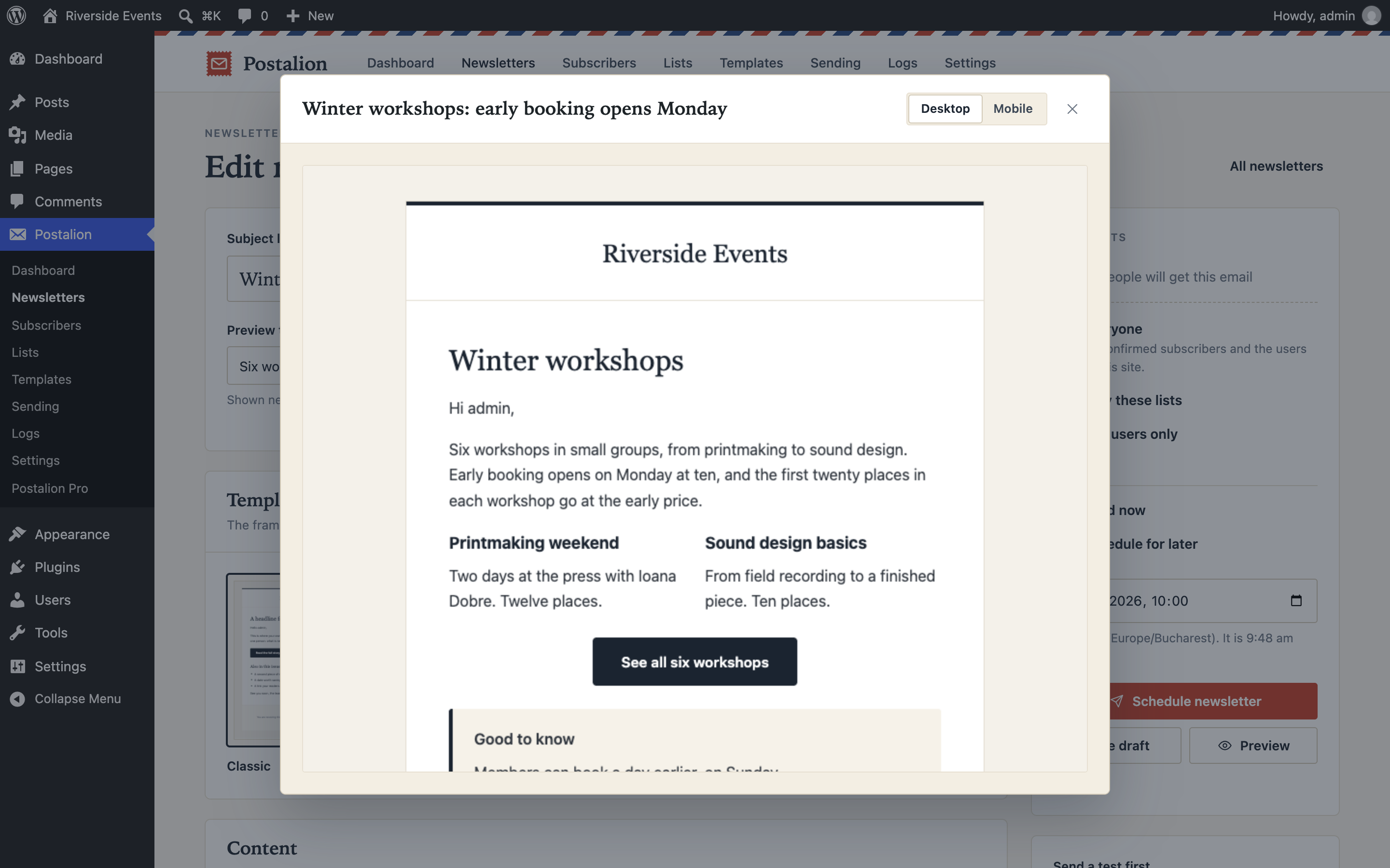 Preview of a newsletter before it goes out, on desktop and phone.