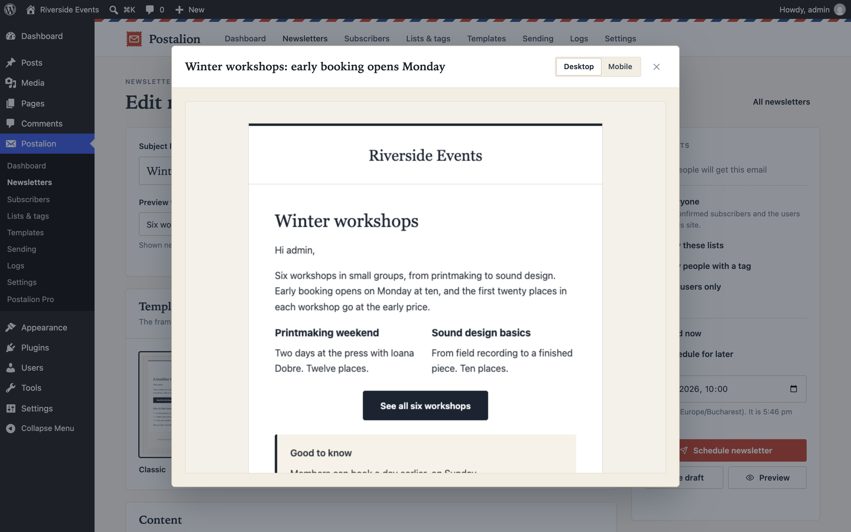 Preview of a newsletter before it goes out, on desktop and phone.