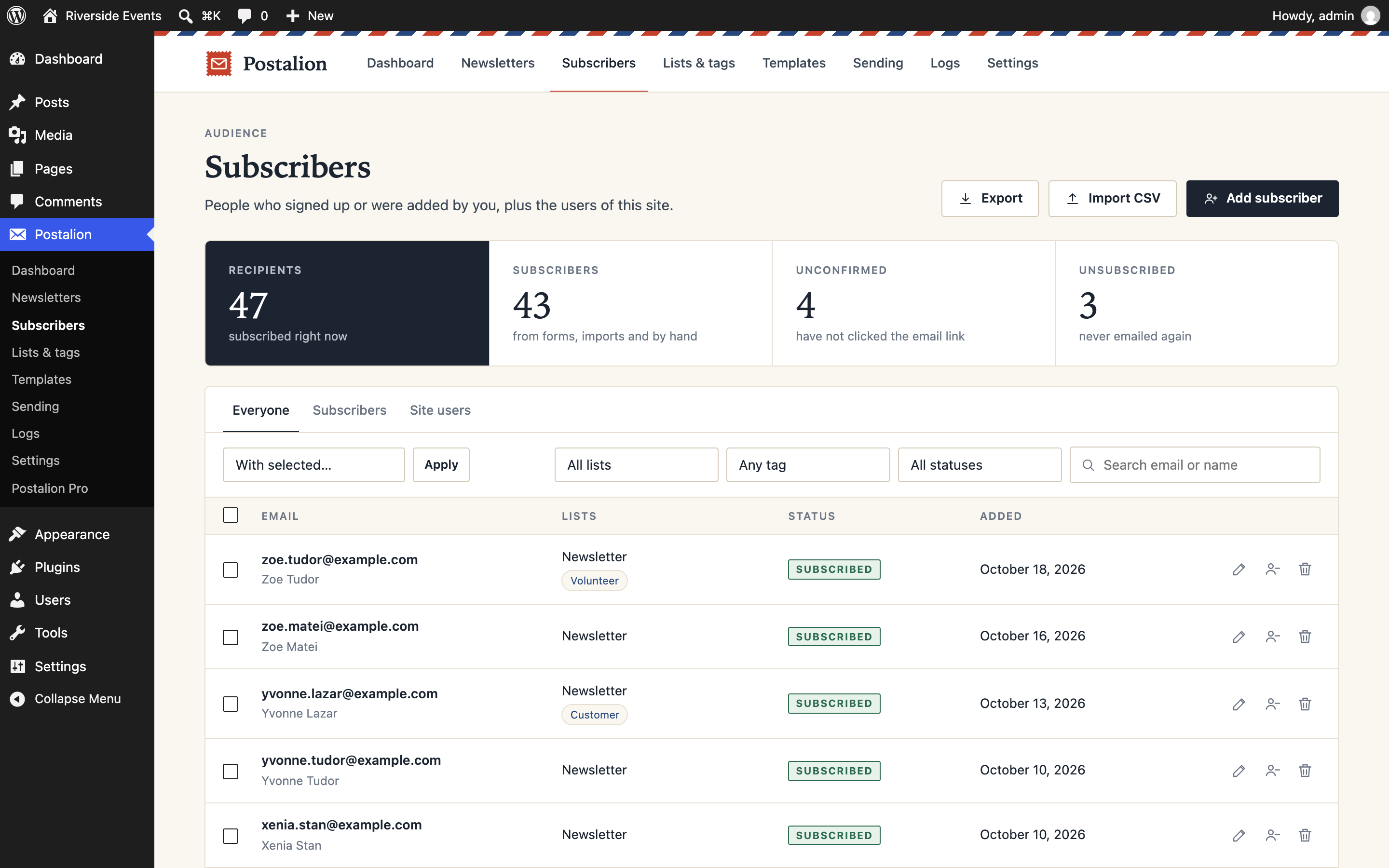 Subscribers, with their lists, tags, status, filters and bulk actions.