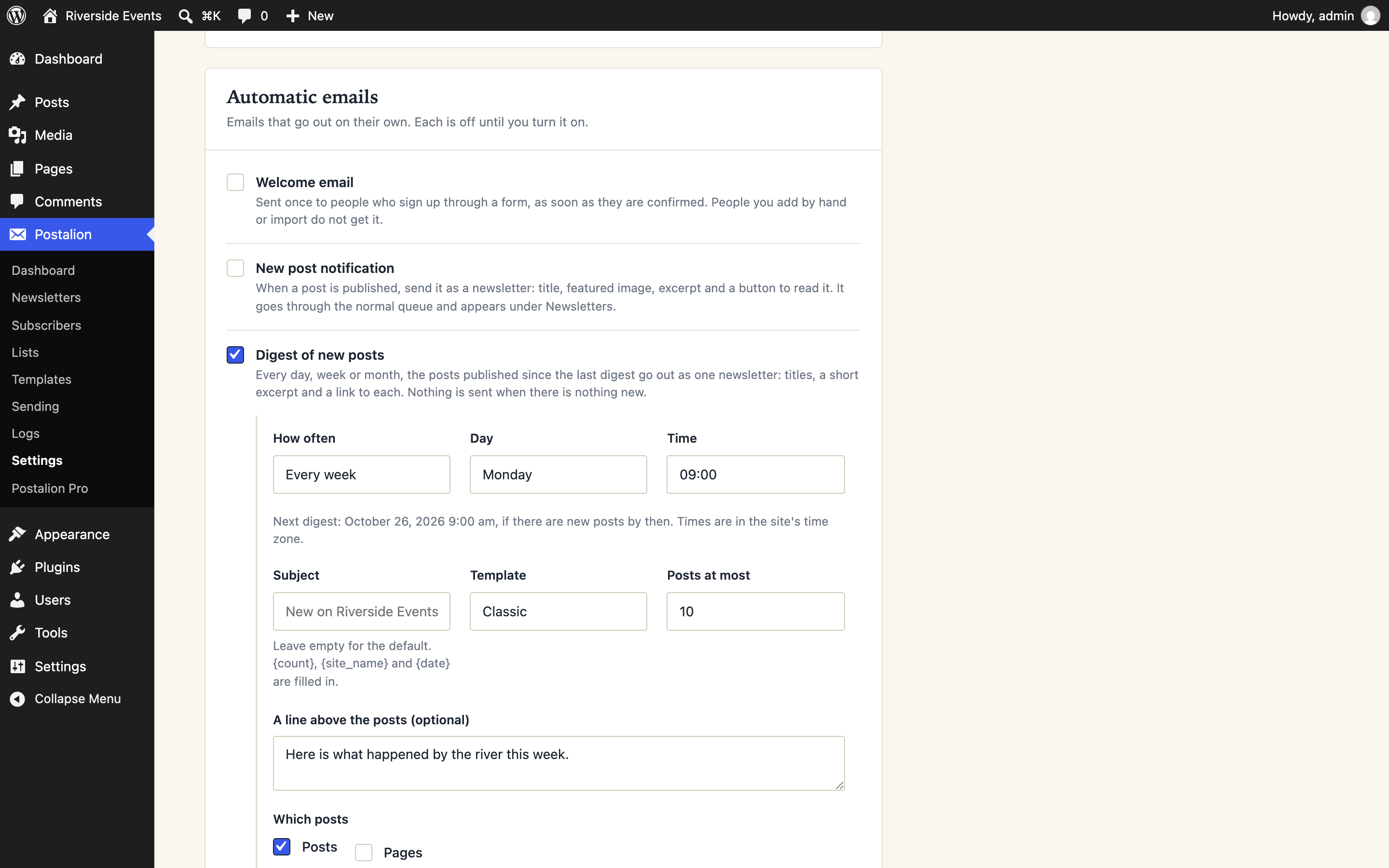 Automatic emails: a welcome email, new-post notifications and a weekly digest of new posts.