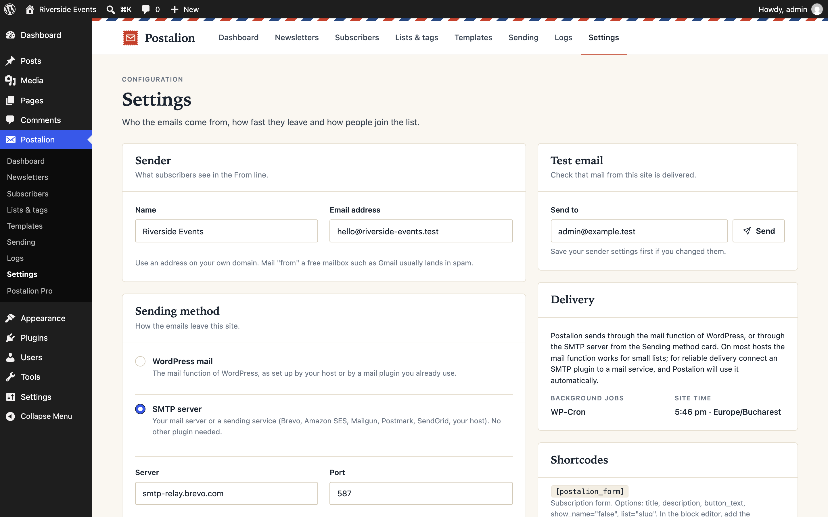 Settings: the sender, an SMTP server with a test button, and the import from MailPoet.