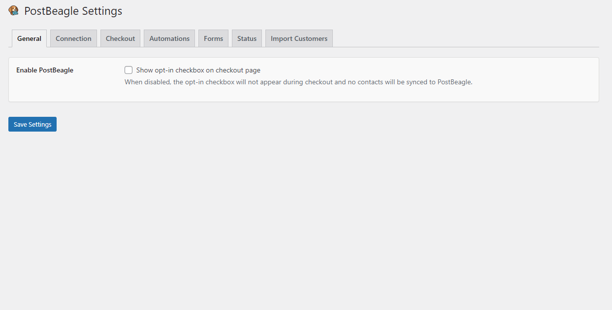 General settings — enable PostBeagle and show the opt-in checkbox at checkout