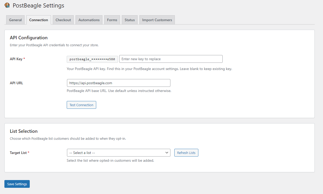 Connection — enter your API key and verify the connection to PostBeagle