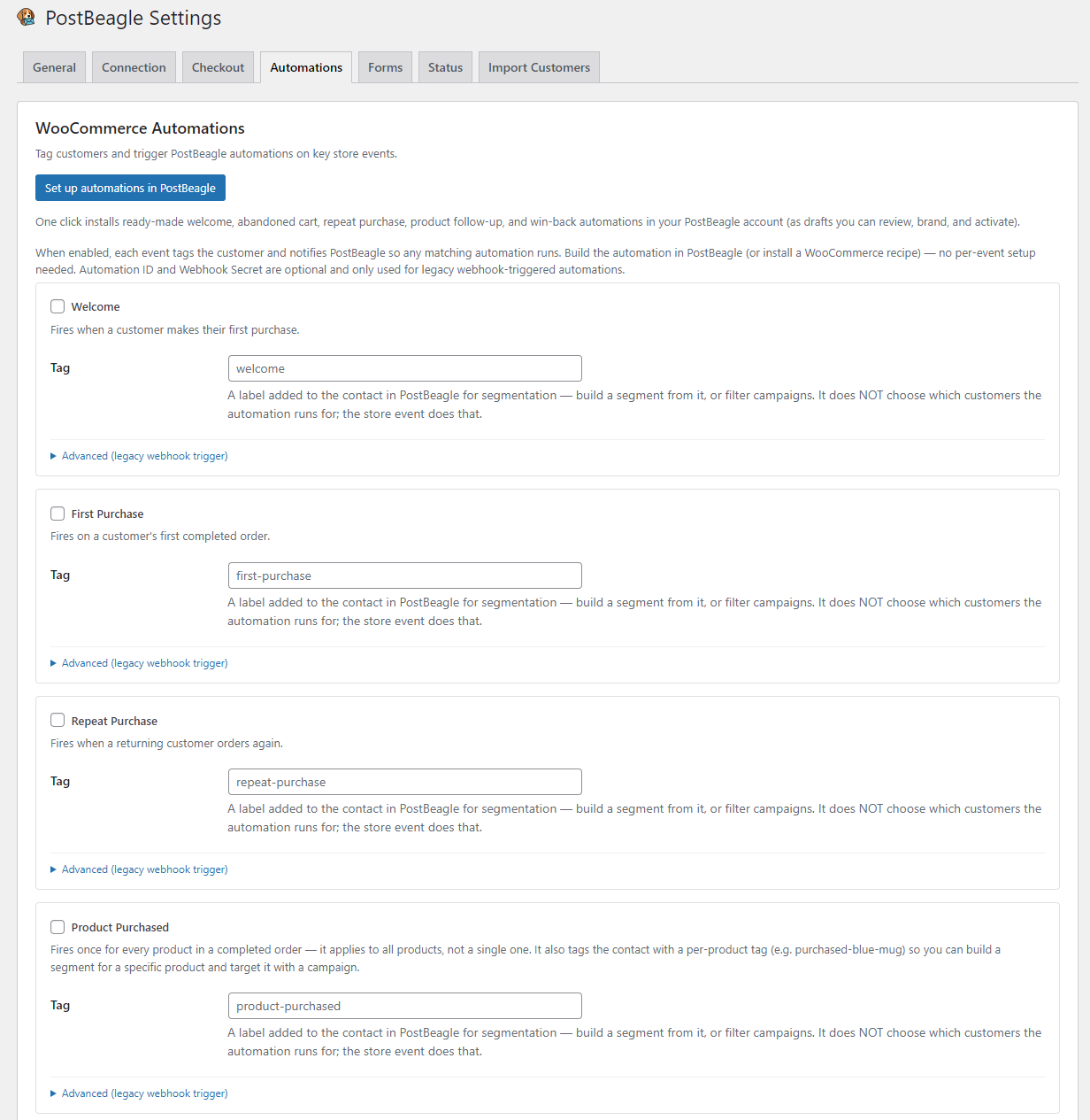 WooCommerce automations — welcome, first purchase, repeat purchase, product purchased, abandoned cart, and win-back