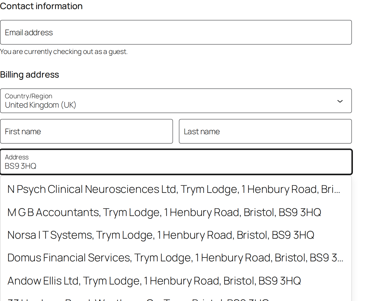 WooCommerce block checkout, mid-typing, with live UK address suggestions.