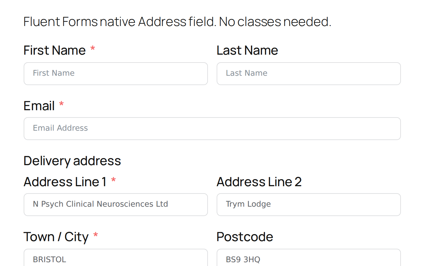 Fluent Forms address field, auto-filled from a single selection.