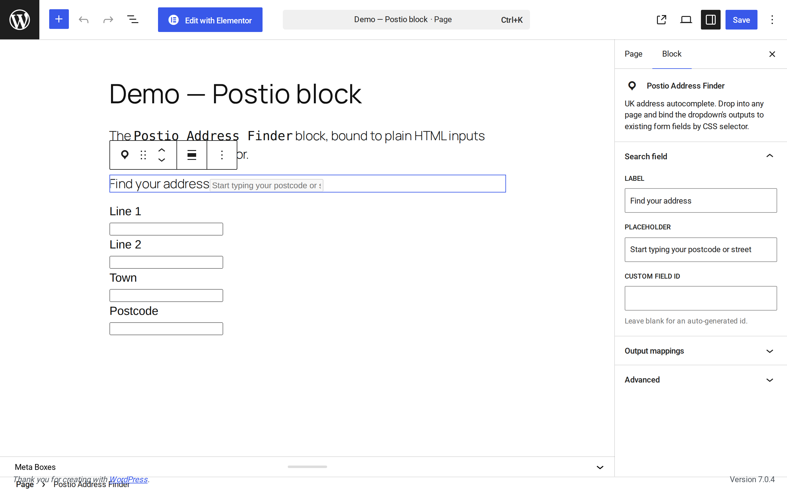 The Postio Address Finder block in the editor sidebar.