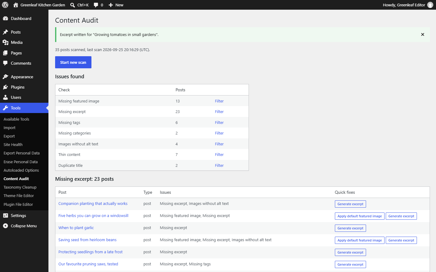 One click quick fix: the excerpt is written, the notice names the post, and the list updates at once.