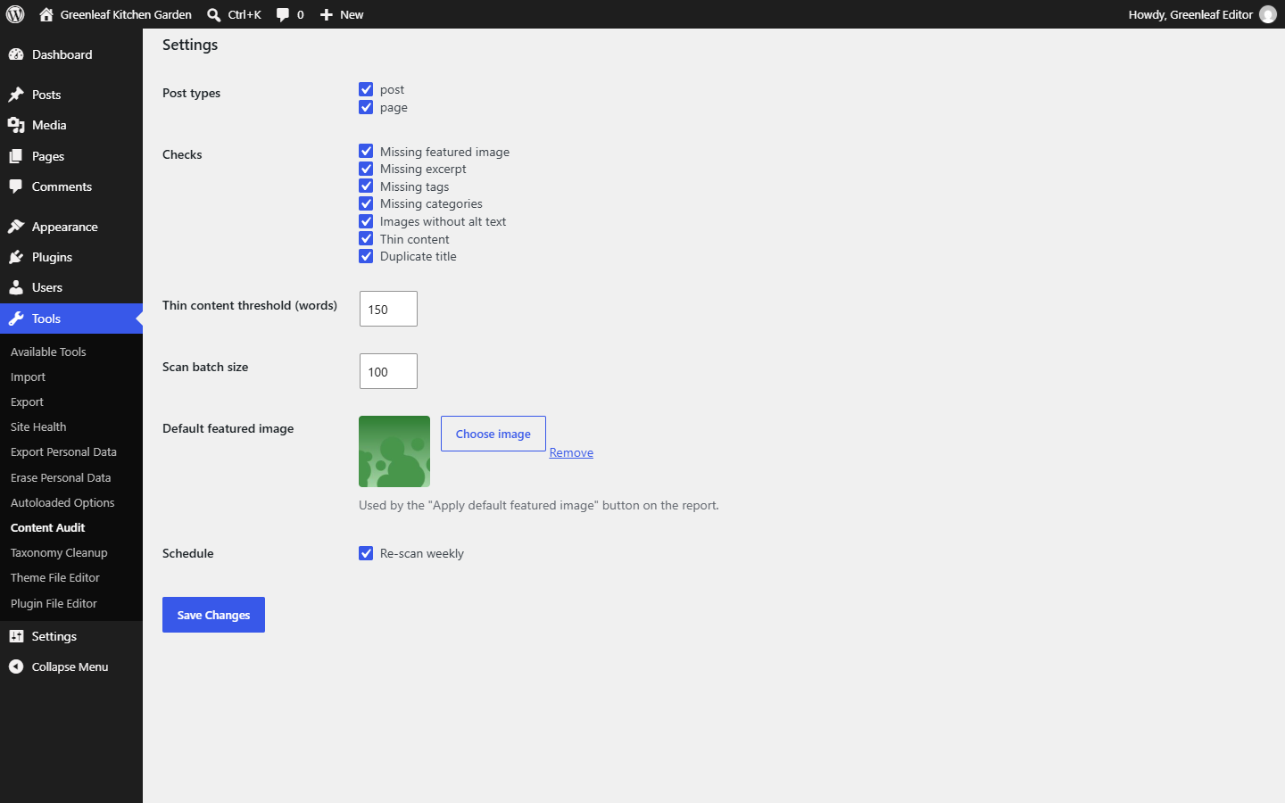 Settings: post types, checks, thresholds, default featured image and the weekly scan.