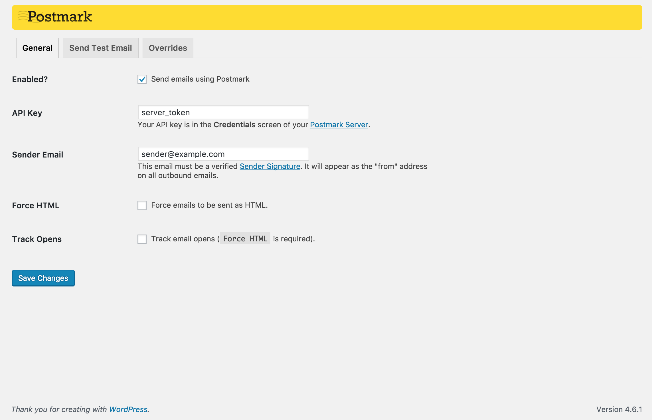 Postmark WP Plugin Settings screen.