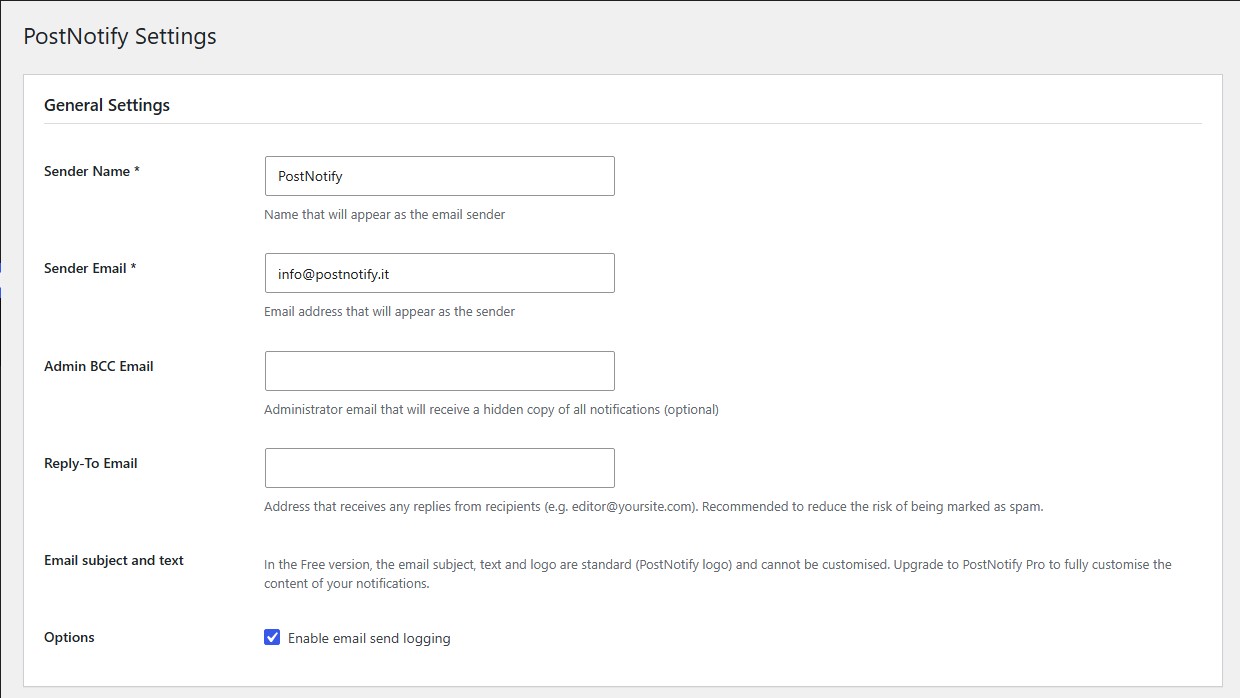 General settings page