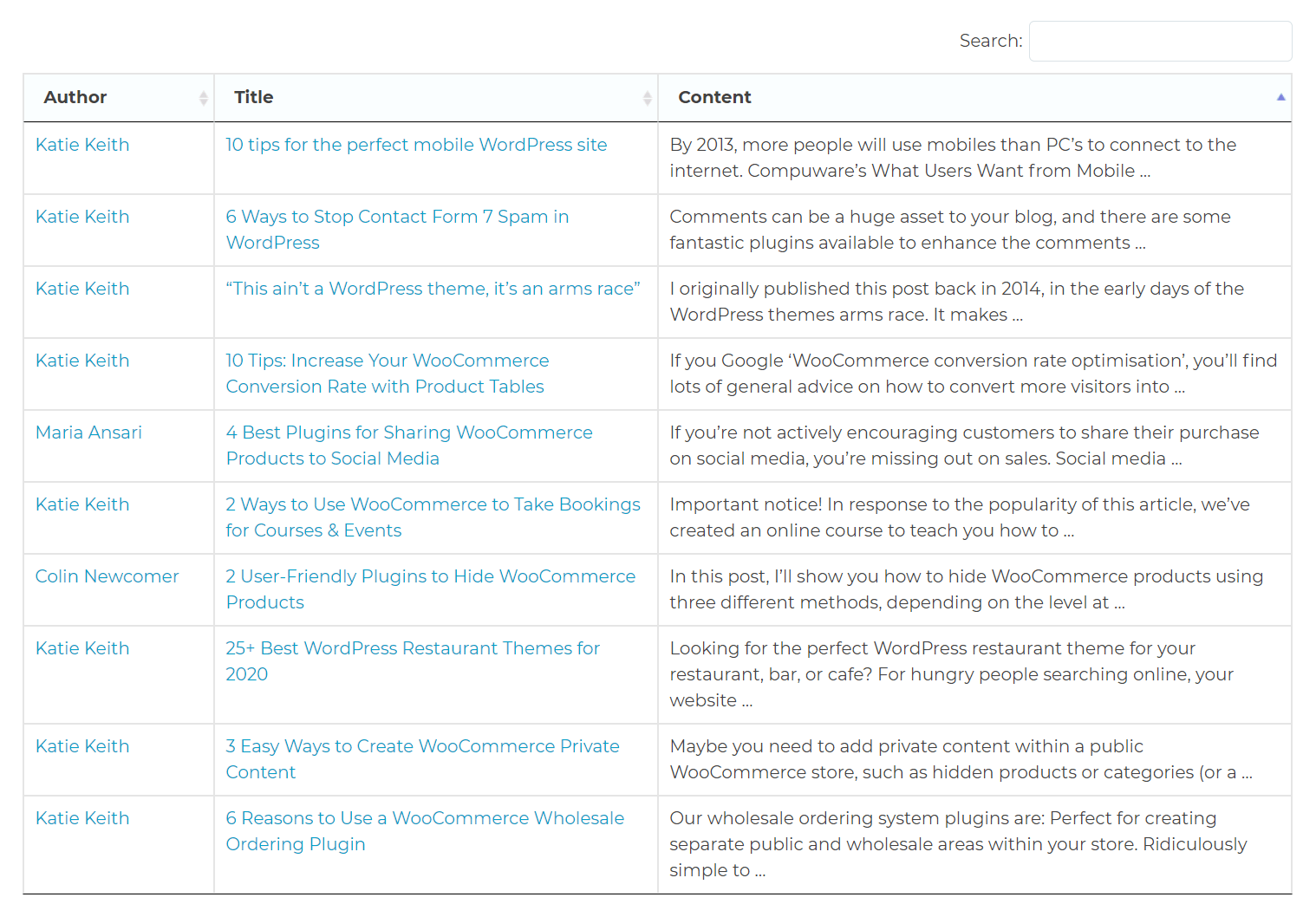 Sort by any column - this example shows a table sorted by Content.