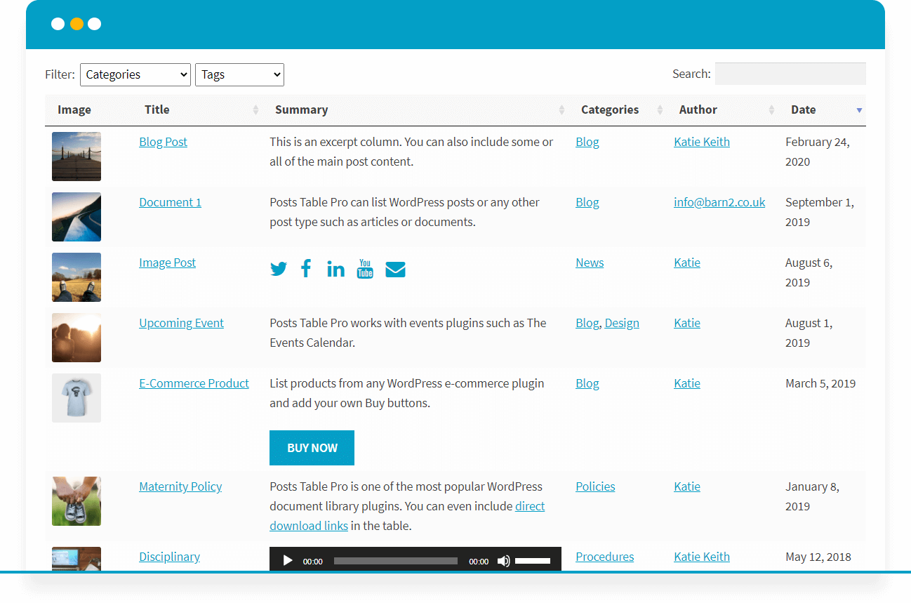 Upgrade to Posts Table Pro for premium features including custom post types, custom fields, multimedia embeds, and much more.