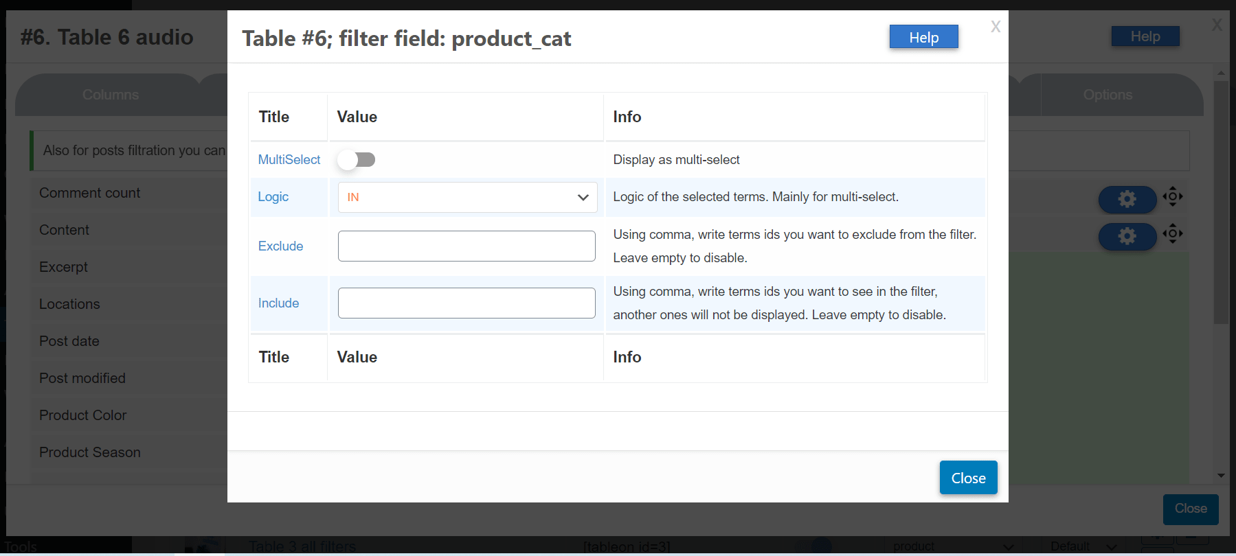 Options of a filter element 2