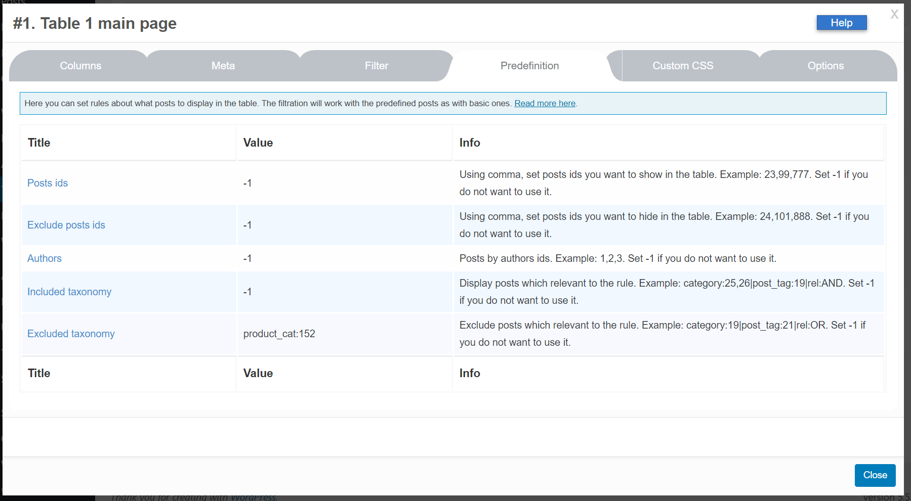 Predefinition - predefine what posts (category,tags,ids) to show