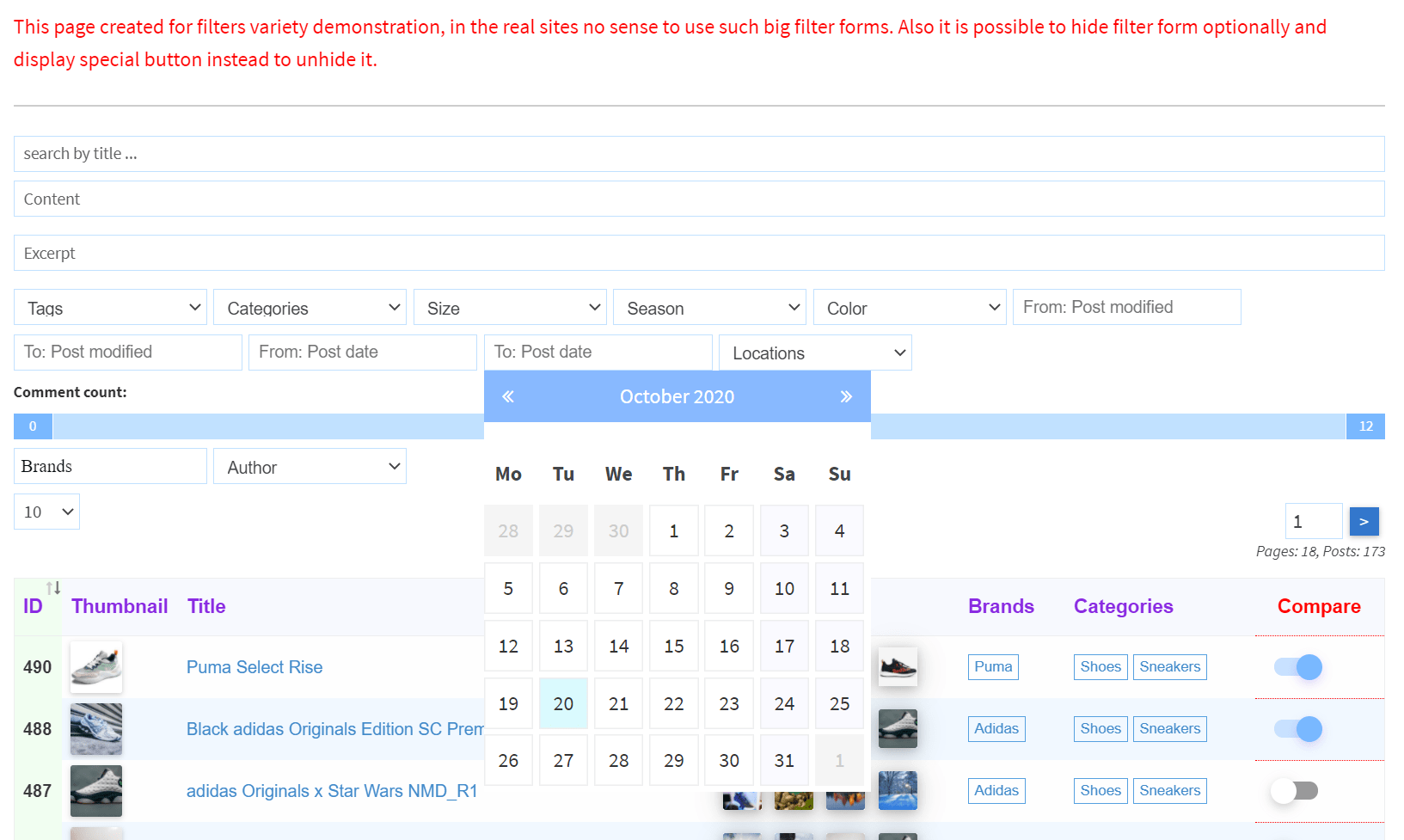 Calendar in the filter by dates