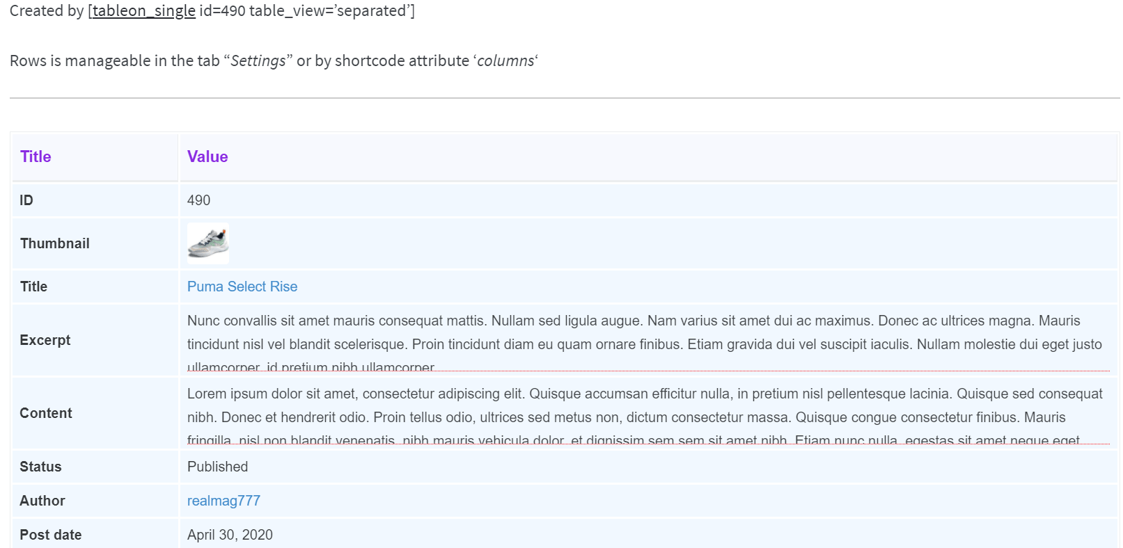 Shortcode tableon_single print one post info (rows is optional in global settings)