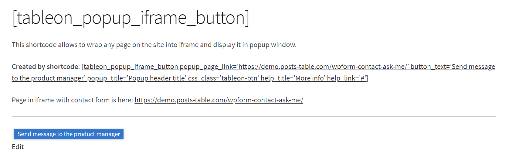 Special shortcode to display any page by popup, page is in-built into iframe