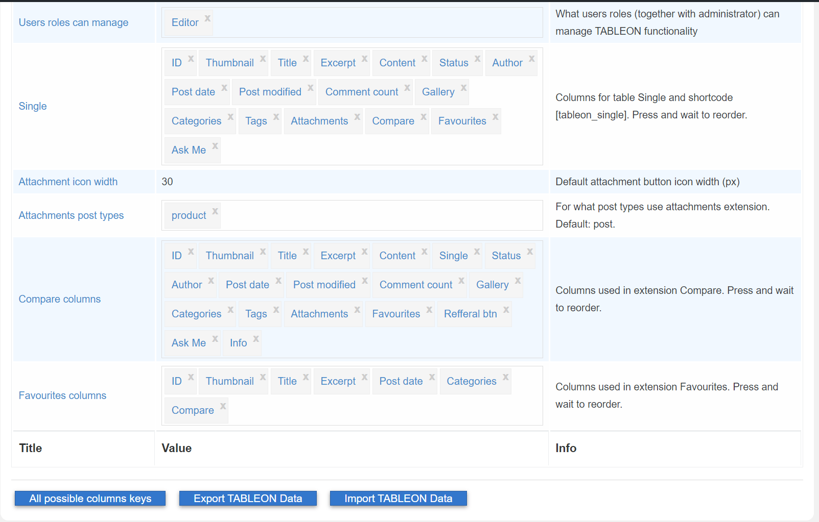 General settings and export/import buttons