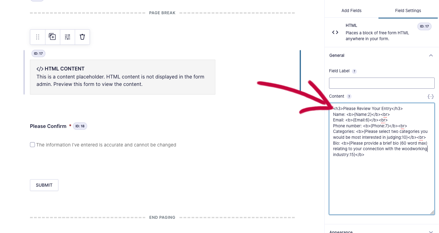 Screenshot of the form editor. An arrow points to an HTML field's content containing merge tags of fields from previous pages.