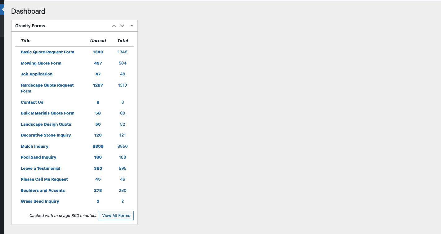 Screenshot of the dashboard. The Gravity Forms widget says, "Cached with max age 360 minutes."
