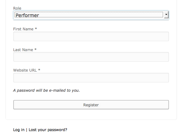 Role selection on signup: performer, client (customizable).