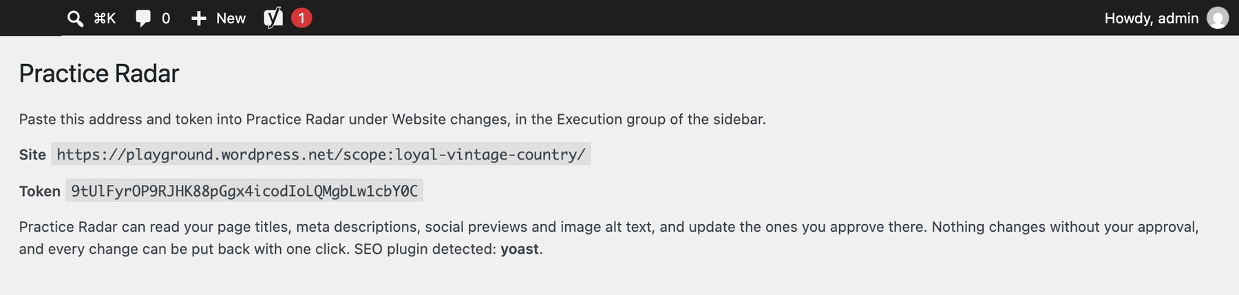 The settings page under Settings, then Practice Radar, with the site address and token to paste into Practice Radar.