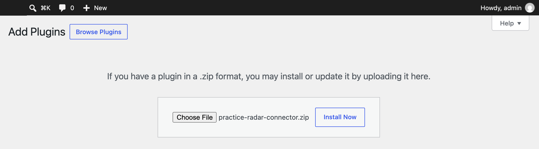 Uploading the plugin zip under Plugins, then Add Plugin.