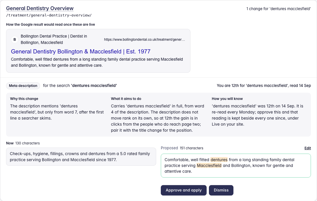 One change waiting in Practice Radar: how the Google result would read, why it is proposed, what it aims to do, and the current wording beside the proposed wording with the approve button.