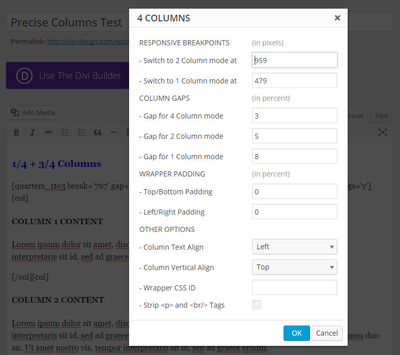 The <code>Precise Columns</code> column options dialog box for a selected column layout.