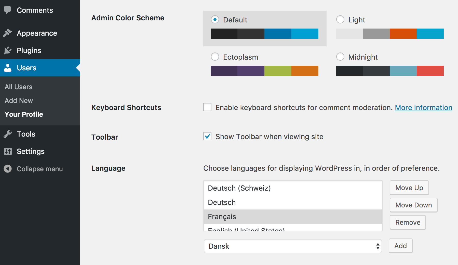 The new language section in your user profile.