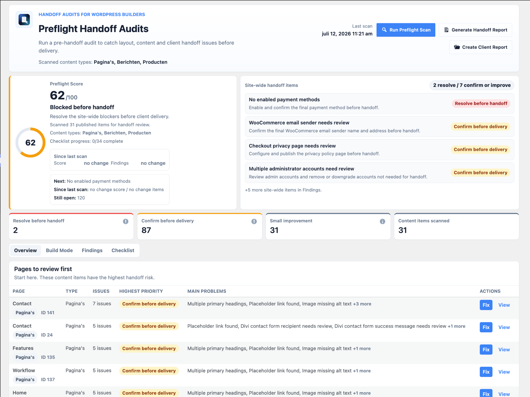 Overview dashboard with the Preflight score, site-wide blockers, handoff priorities, and pages to review first.