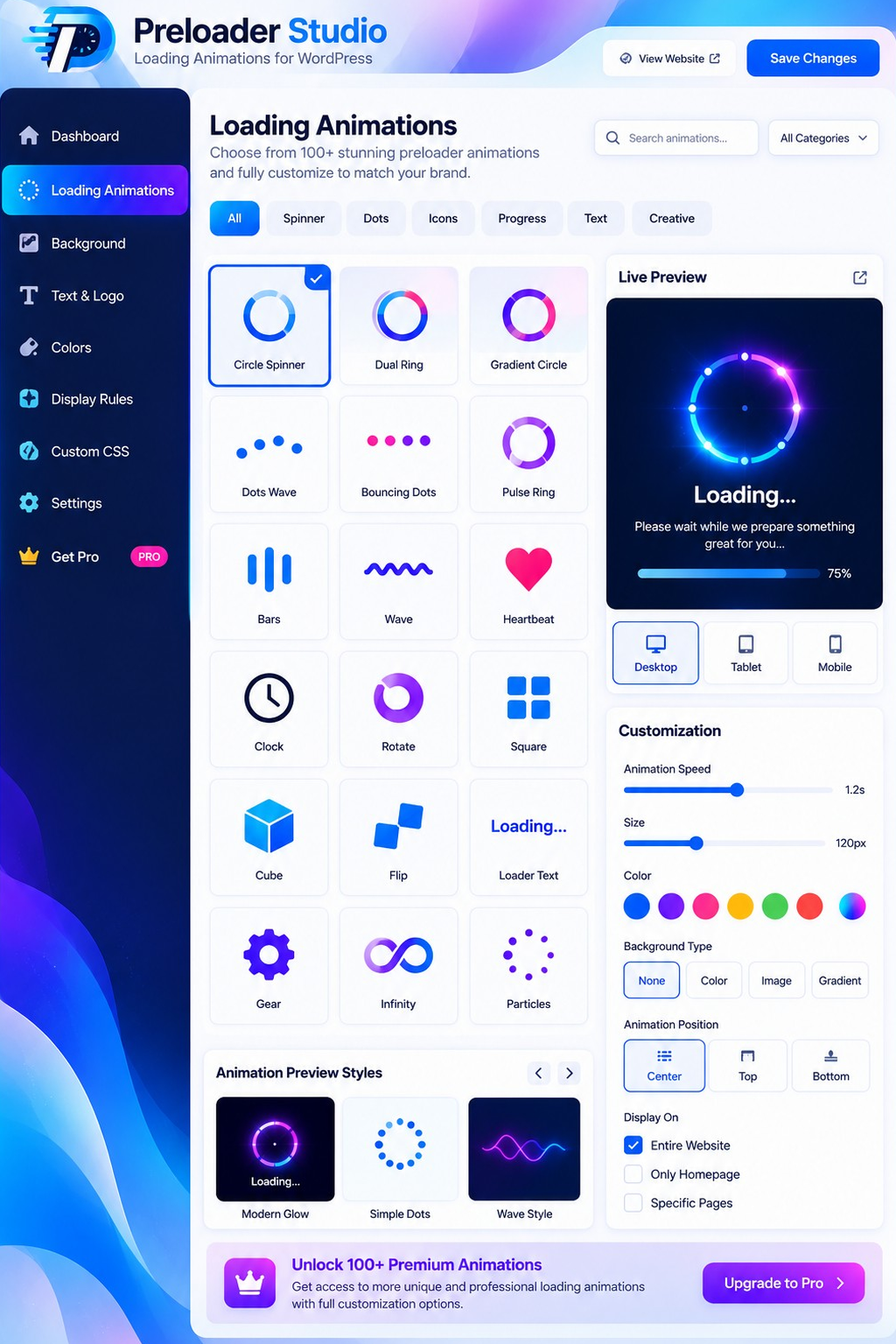π Loading Animations - Illustrative overview of loading styles, appearance controls and live preview.