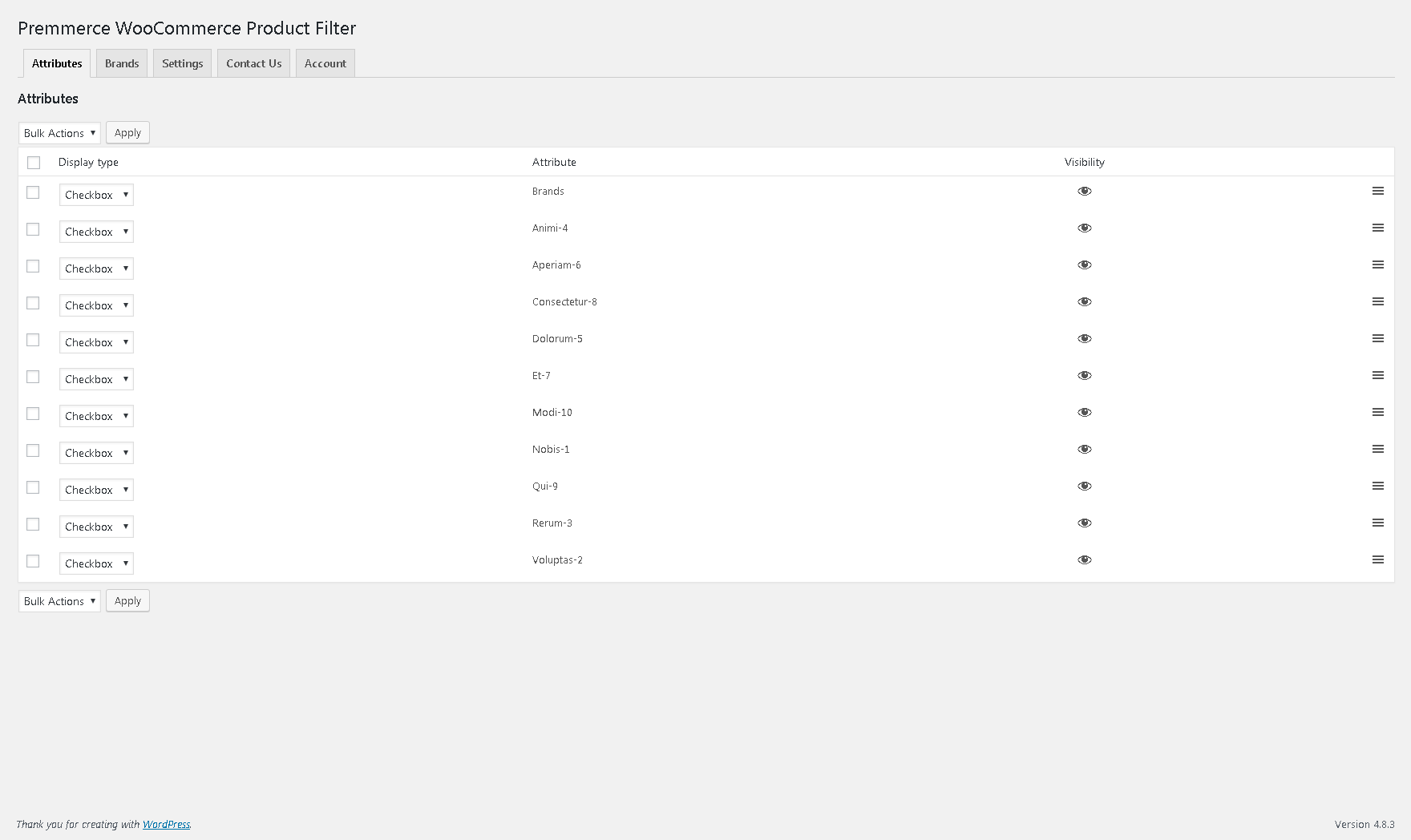 The filter widget settings;