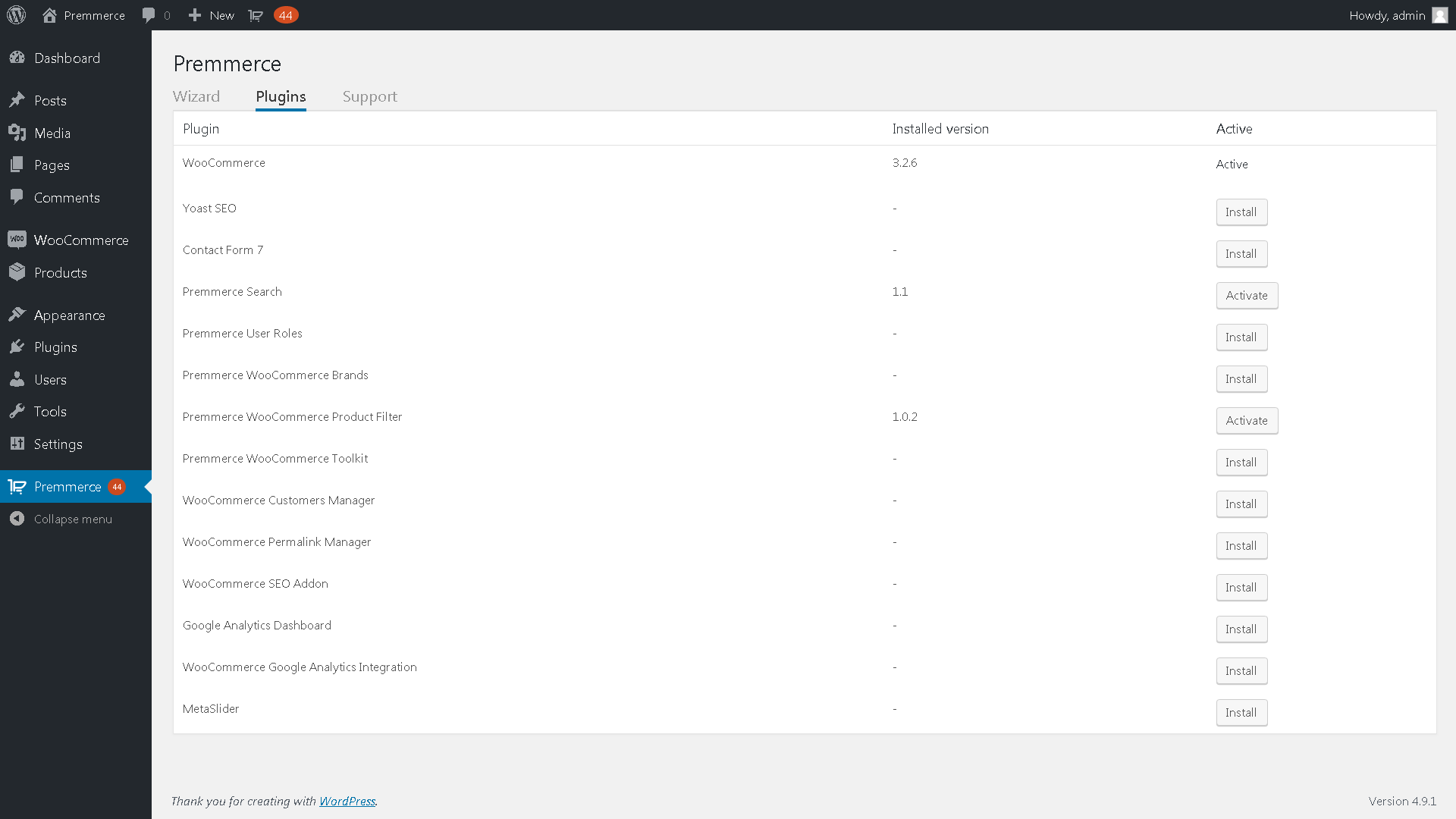 A lista de plugins