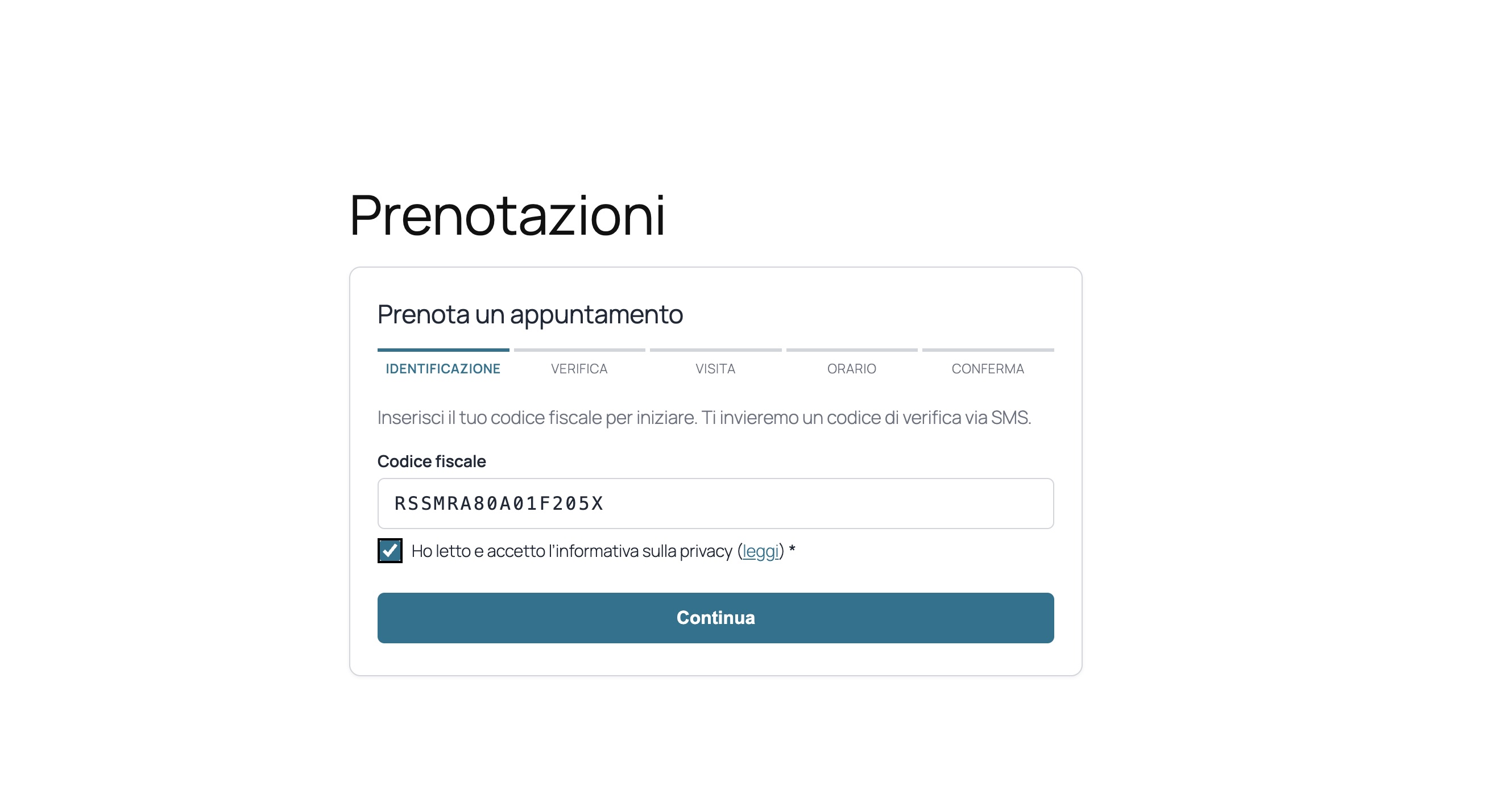 Step 1: fiscal code entry with the privacy consent checkbox