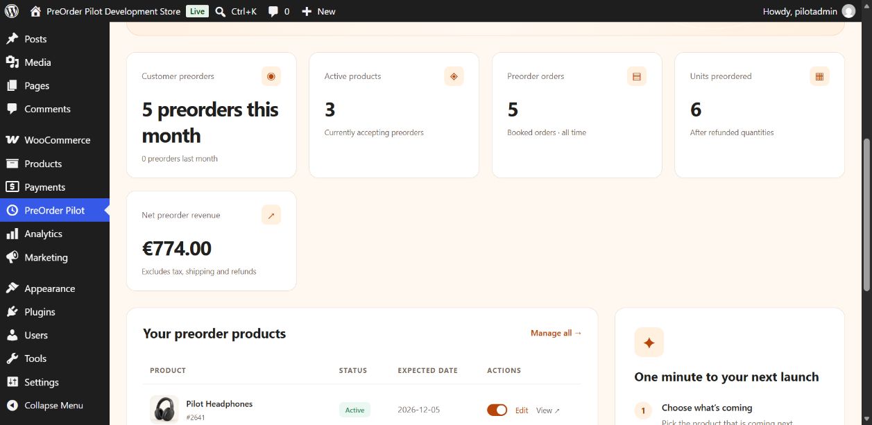 The PreOrder Pilot dashboard: monthly pre-order counts, units, net revenue and products in a demonstration store.