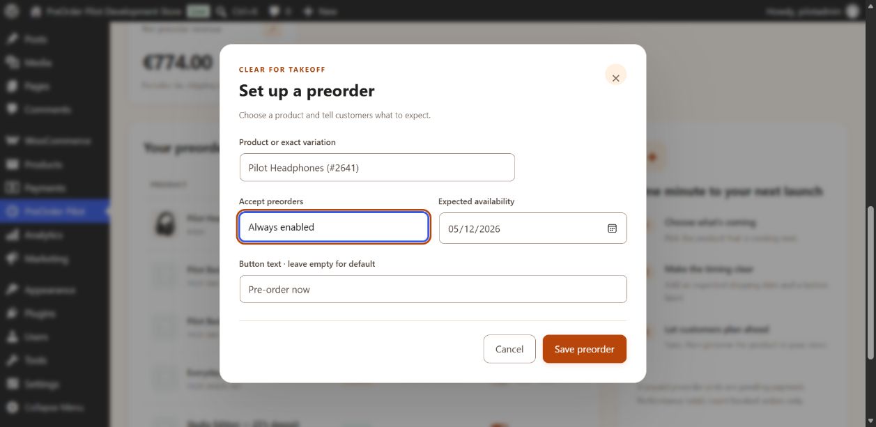 Product settings: enable pre-orders and set the expected availability date.