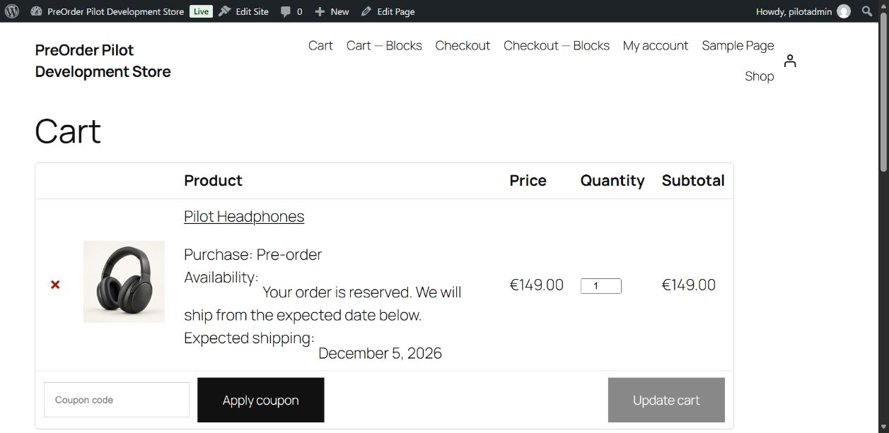The WooCommerce cart clearly marks a pre-order item and its expected shipping date.